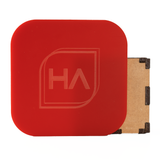 Matte red cast acrylic sheet with rounded corners, showing edge on cardboard backing