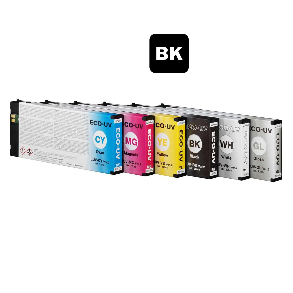 Genuine Roland Eco-UV5 Ink for Roland VersaStudio BD-8 and BD-12 Printers - CMYK, White, Gloss, Primer