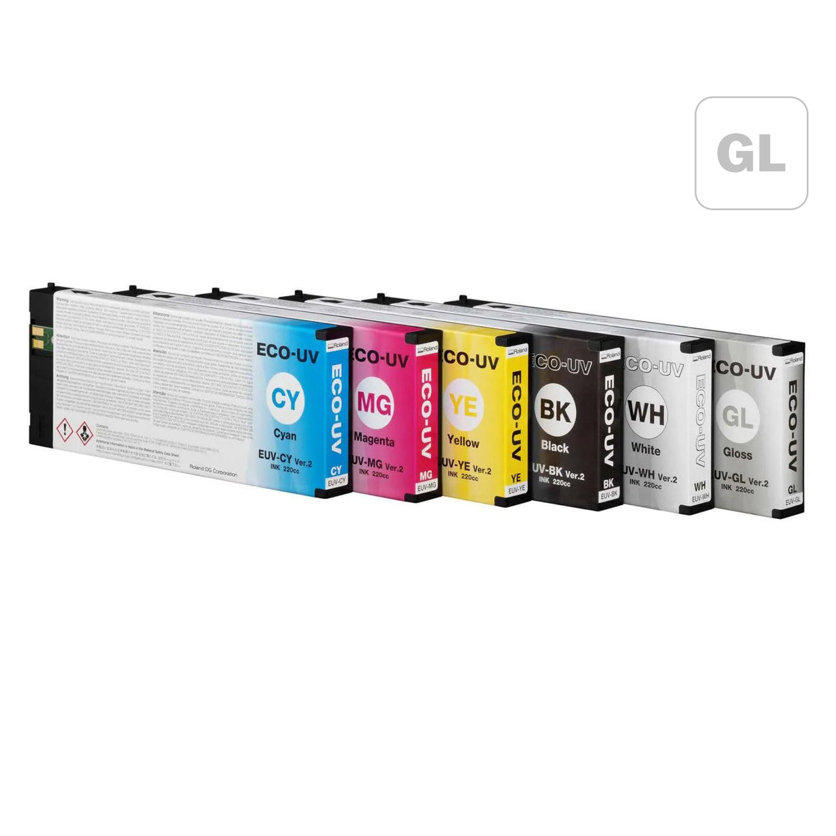 Genuine Roland Eco-UV5 Ink for Roland VersaStudio BD-8 and BD-12 Printers - CMYK, White, Gloss, Primer