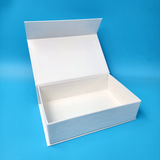Opened rigid magnetic closure box with hinged lid, light blue sides and white interior.