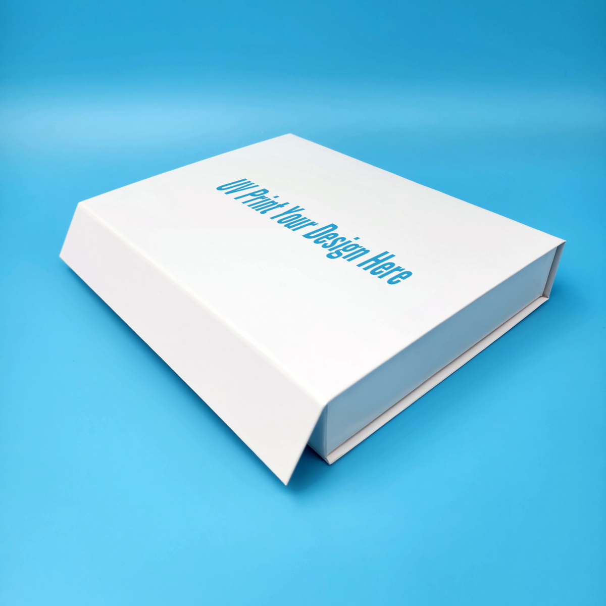Large rigid magnetic closure box with hinged lid, white top with blue logo text