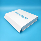 Large rigid magnetic closure box with hinged lid, white top with blue logo text