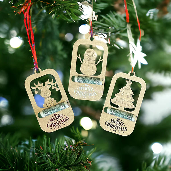 TruFlat laser-cut wood Christmas ornaments set with snowman, tree, and reindeer